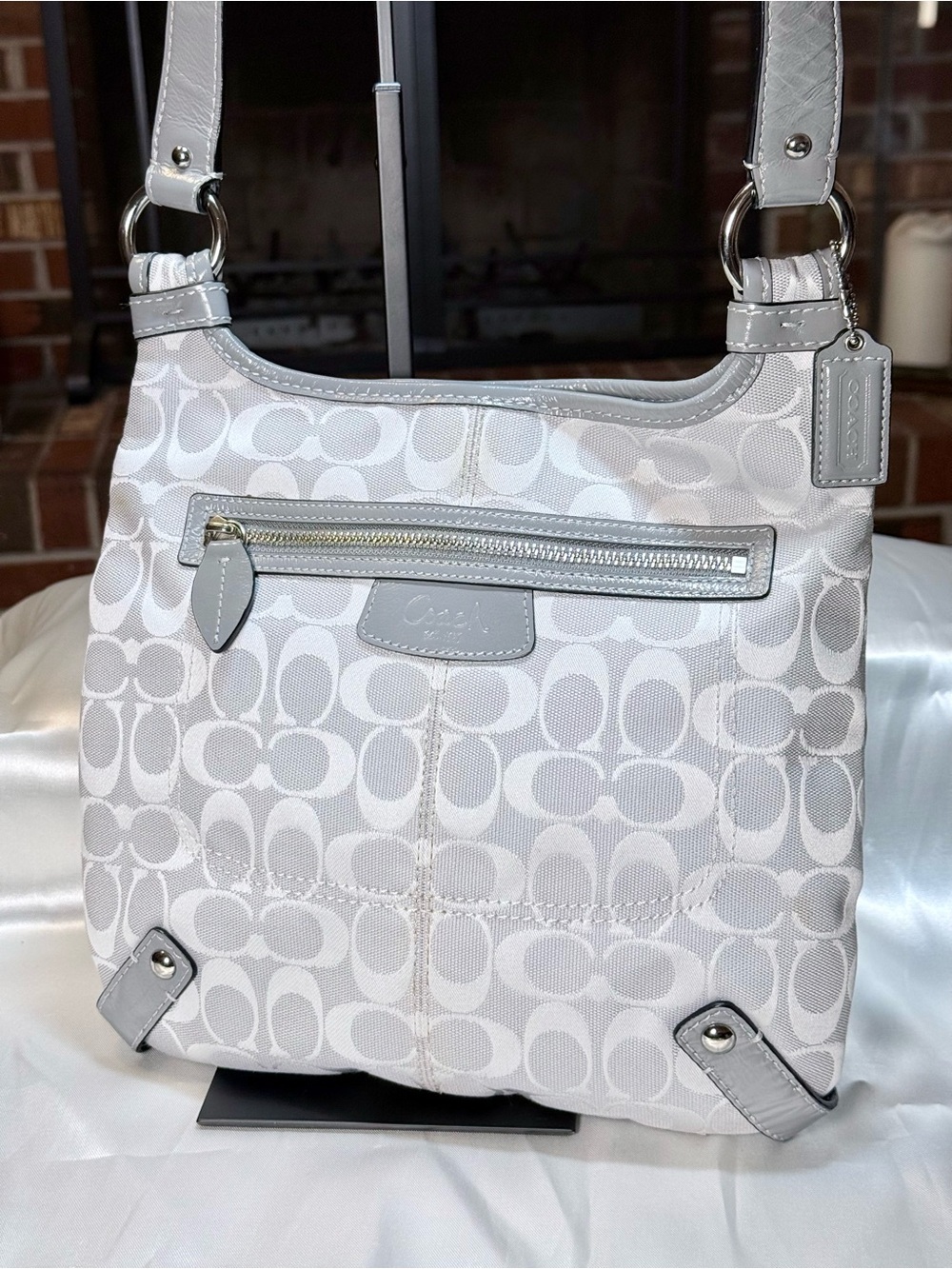 Coach White and Light Gray Signature Shoulder Bag